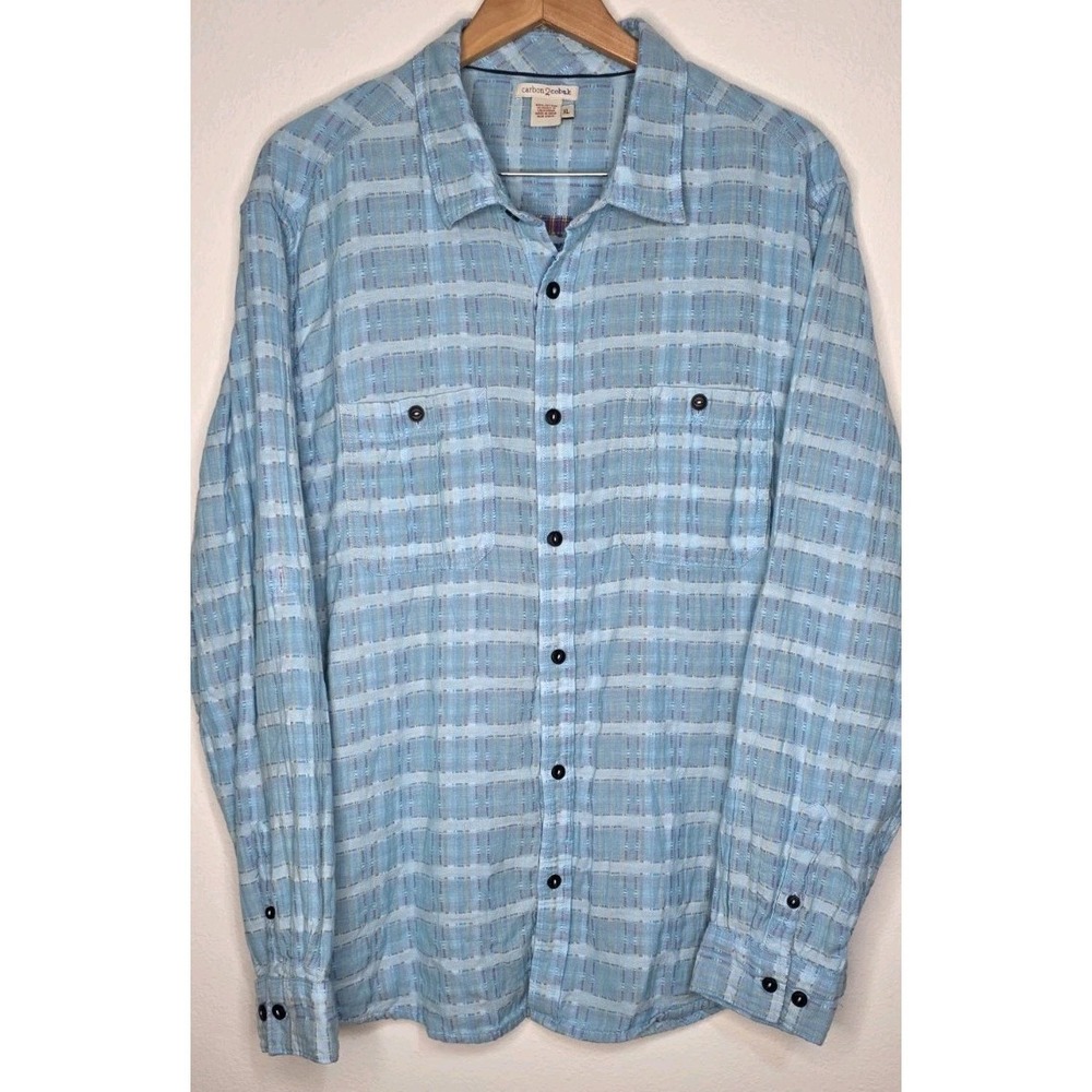 Carbon2Cobalt Shirt Button Up Men XL Blue Chambray Plaid Frayed Patchwork Coast